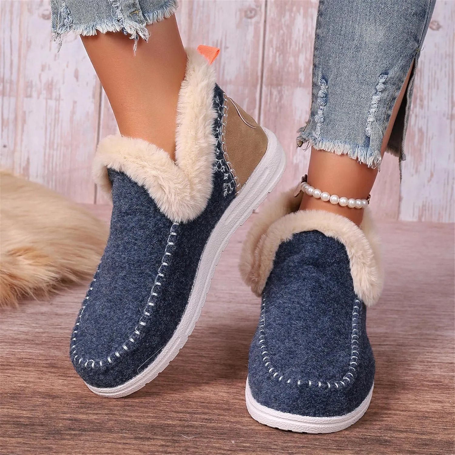Boots For Women Ankle Booties With Fur Lined Warm Winter Snow Boots Casual Fashion Trendy Comfortable Loafers Shoes