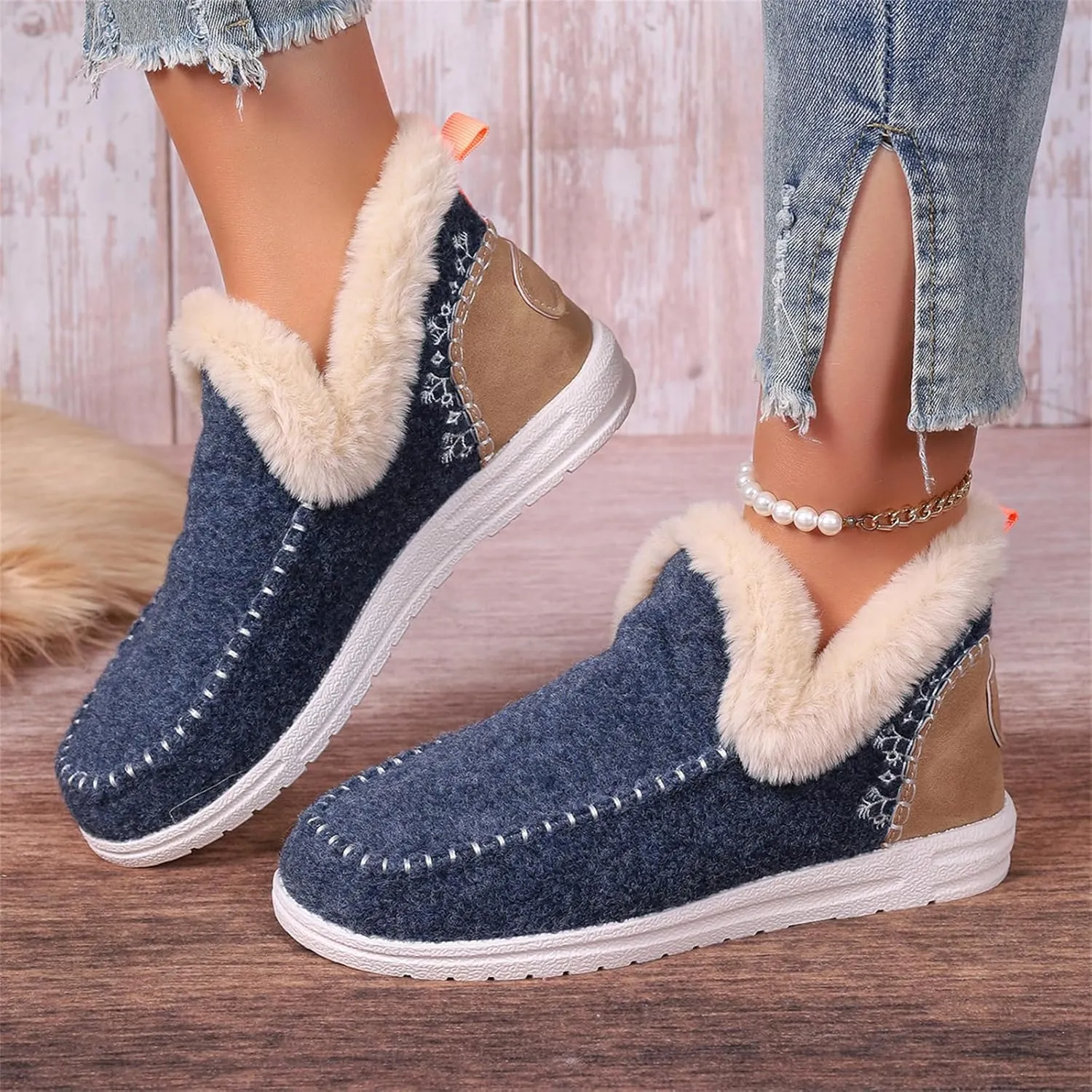 Boots For Women Ankle Booties With Fur Lined Warm Winter Snow Boots Casual Fashion Trendy Comfortable Loafers Shoes