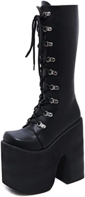 Combat Boot Heels for Women Lace Up Buckle Platform Chunky Heel Knee High Boots Goth Punk Mid Calf Motorcycle Riding Boots (Color : Black, Size : 9 US)