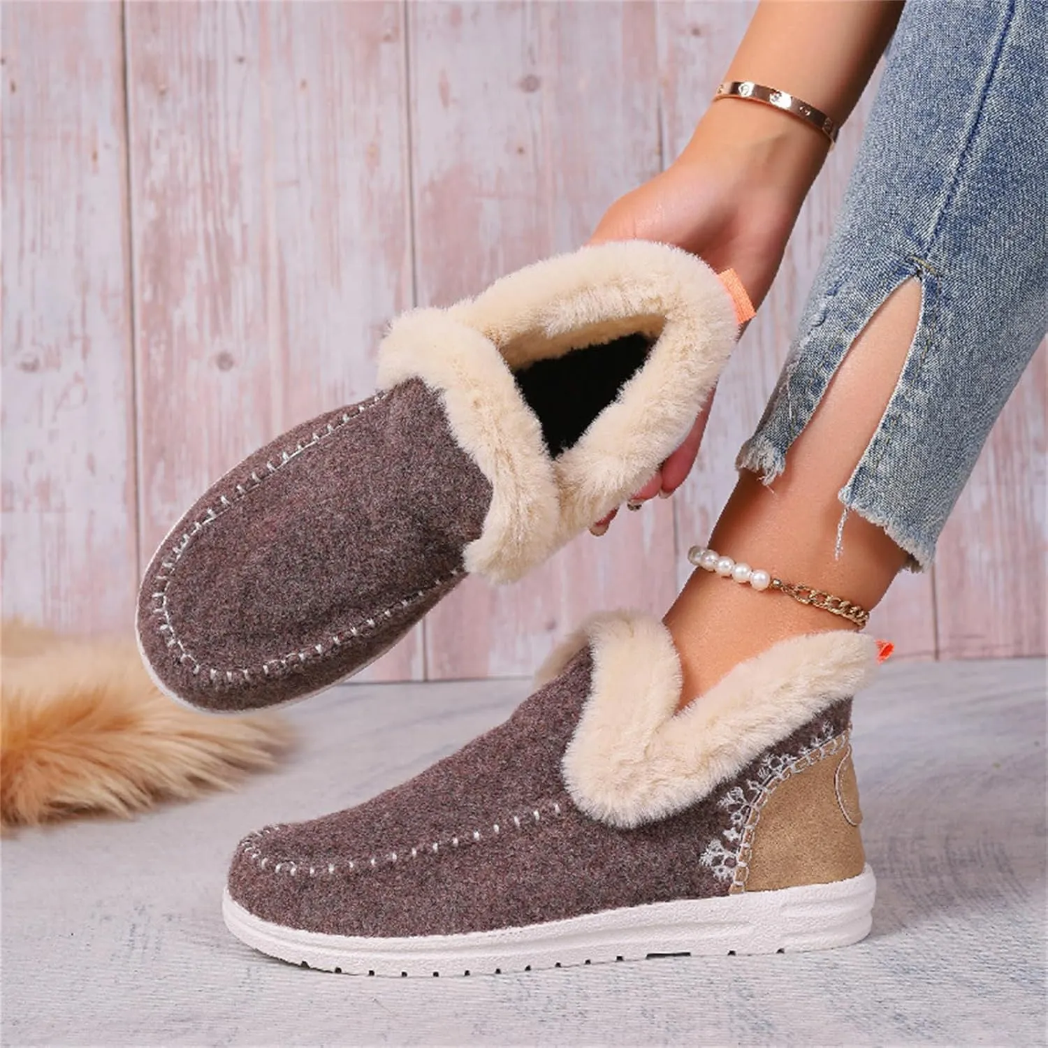Lausiuoe Boots For Women Ankle Booties Warm Snow Winter Fuzzy Booties Flat Cute Silp On Comfortable Casual Loafers Shoes 2024