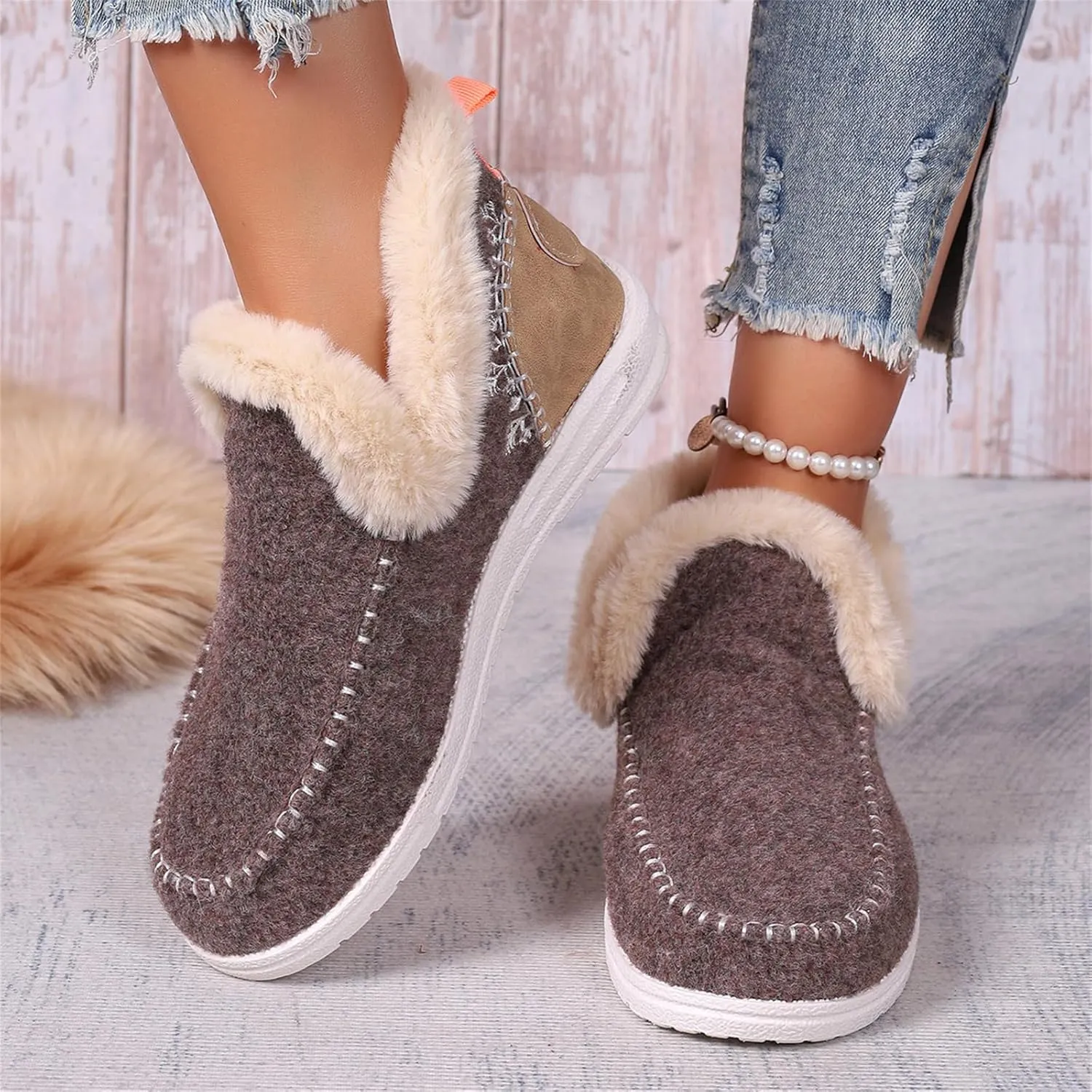 Lausiuoe Boots For Women Ankle Booties Warm Snow Winter Fuzzy Booties Flat Cute Silp On Comfortable Casual Loafers Shoes 2024