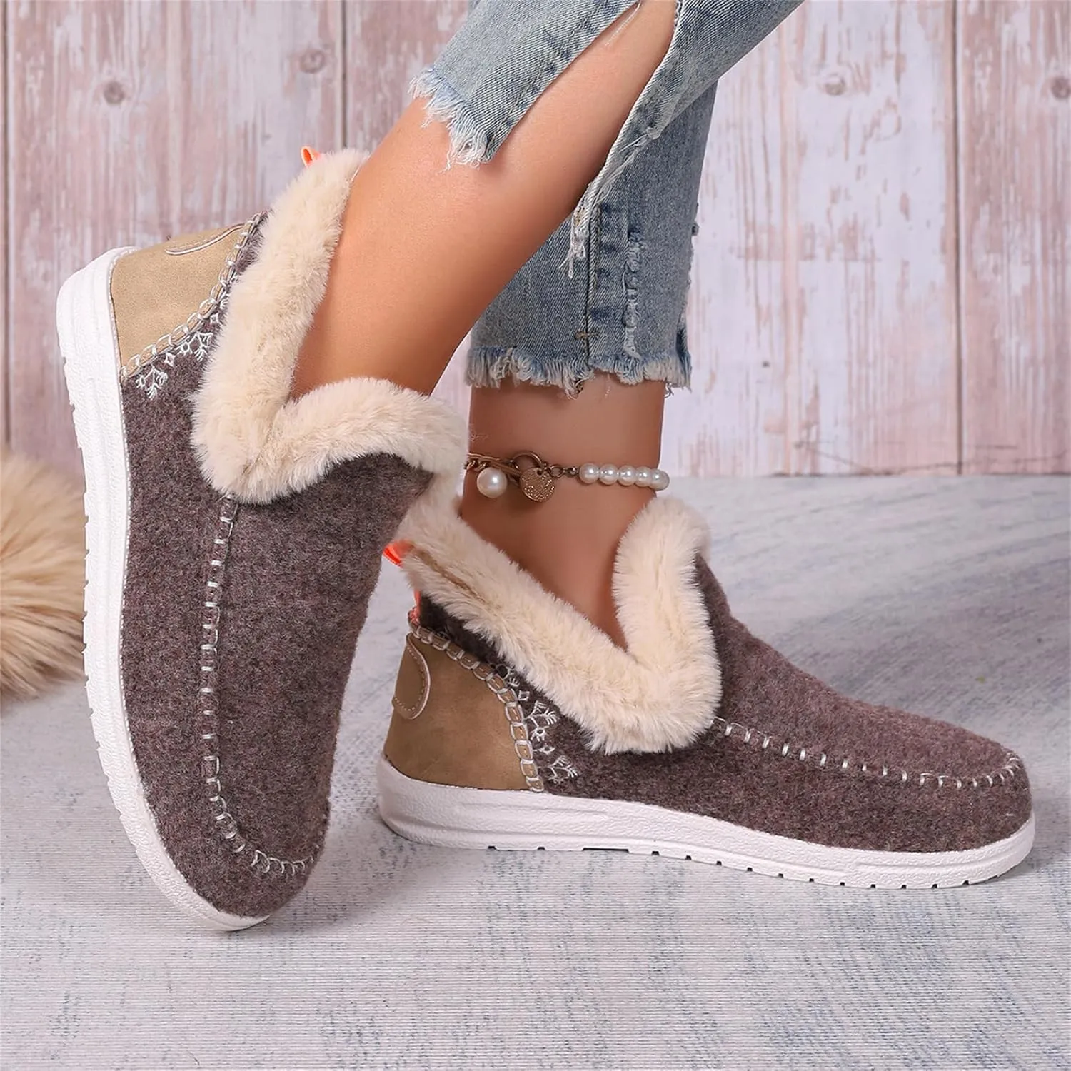 Lausiuoe Boots For Women Ankle Booties Warm Snow Winter Fuzzy Booties Flat Cute Silp On Comfortable Casual Loafers Shoes 2024