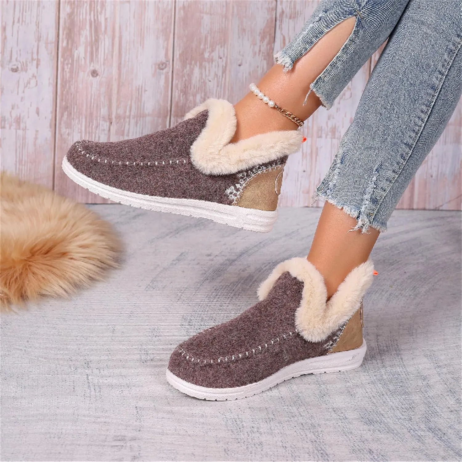 Lausiuoe Boots For Women Ankle Booties Warm Snow Winter Fuzzy Booties Flat Cute Silp On Comfortable Casual Loafers Shoes 2024