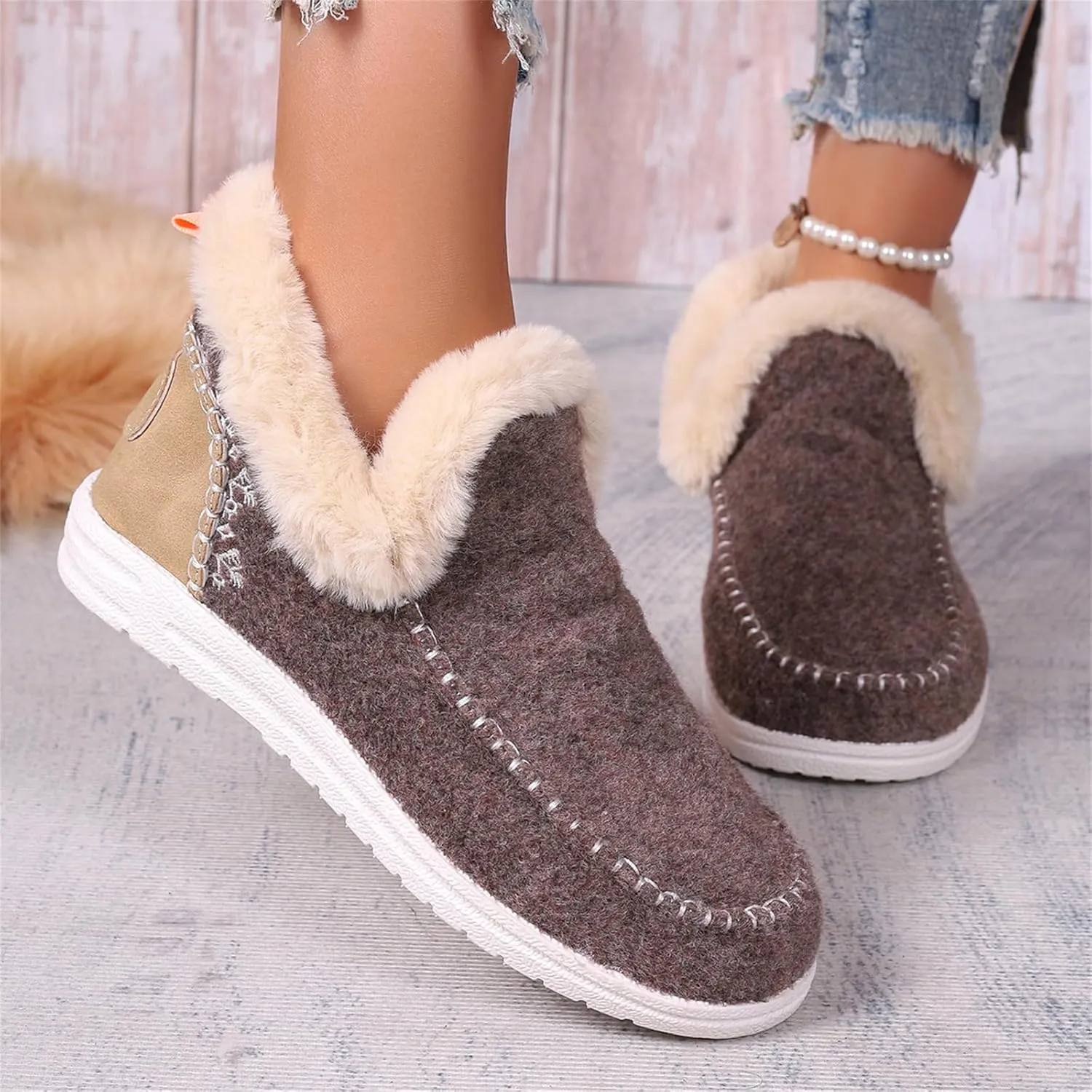 Lausiuoe Boots For Women Ankle Booties Warm Snow Winter Fuzzy Booties Flat Cute Silp On Comfortable Casual Loafers Shoes 2024