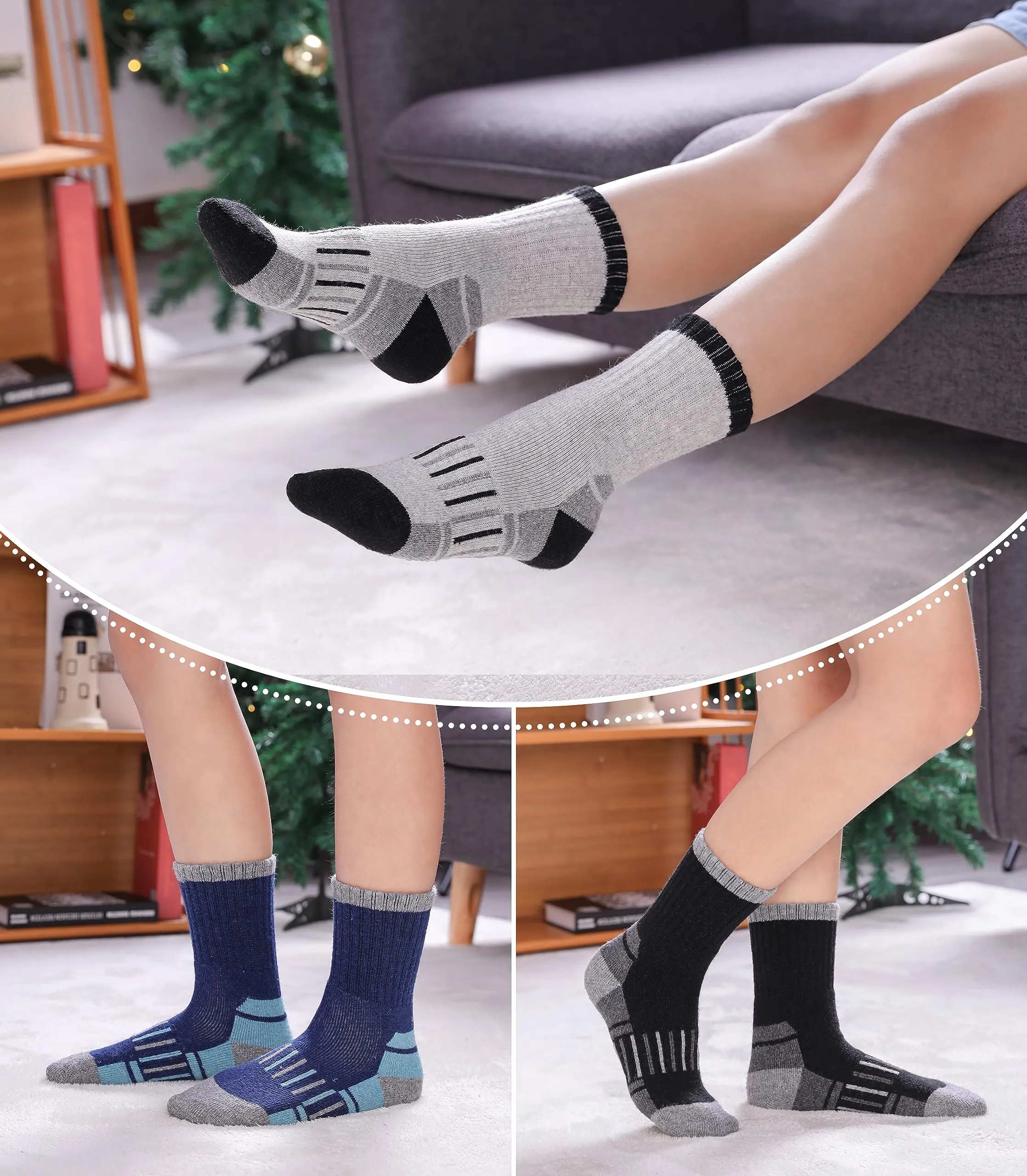 LINEMIN Kids Merino Wool Hiking Socks Toddlers Boys Girls Winter Warm Thick Thermal Boot Cushion Crew Socks 6 Pairs (8-12 Years, Mix Color Hiking Socks)