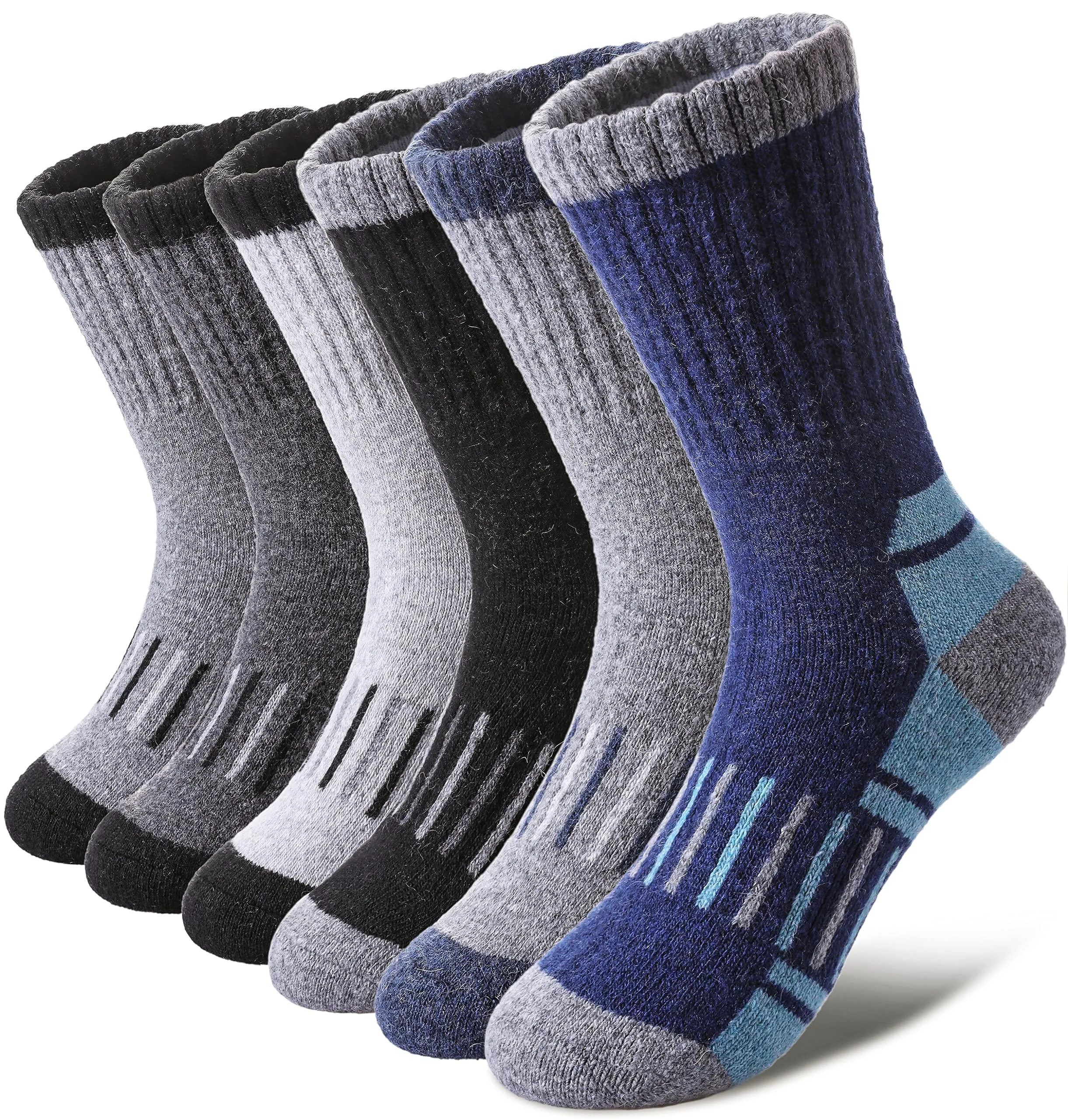 LINEMIN Kids Merino Wool Hiking Socks Toddlers Boys Girls Winter Warm Thick Thermal Boot Cushion Crew Socks 6 Pairs (8-12 Years, Mix Color Hiking Socks)