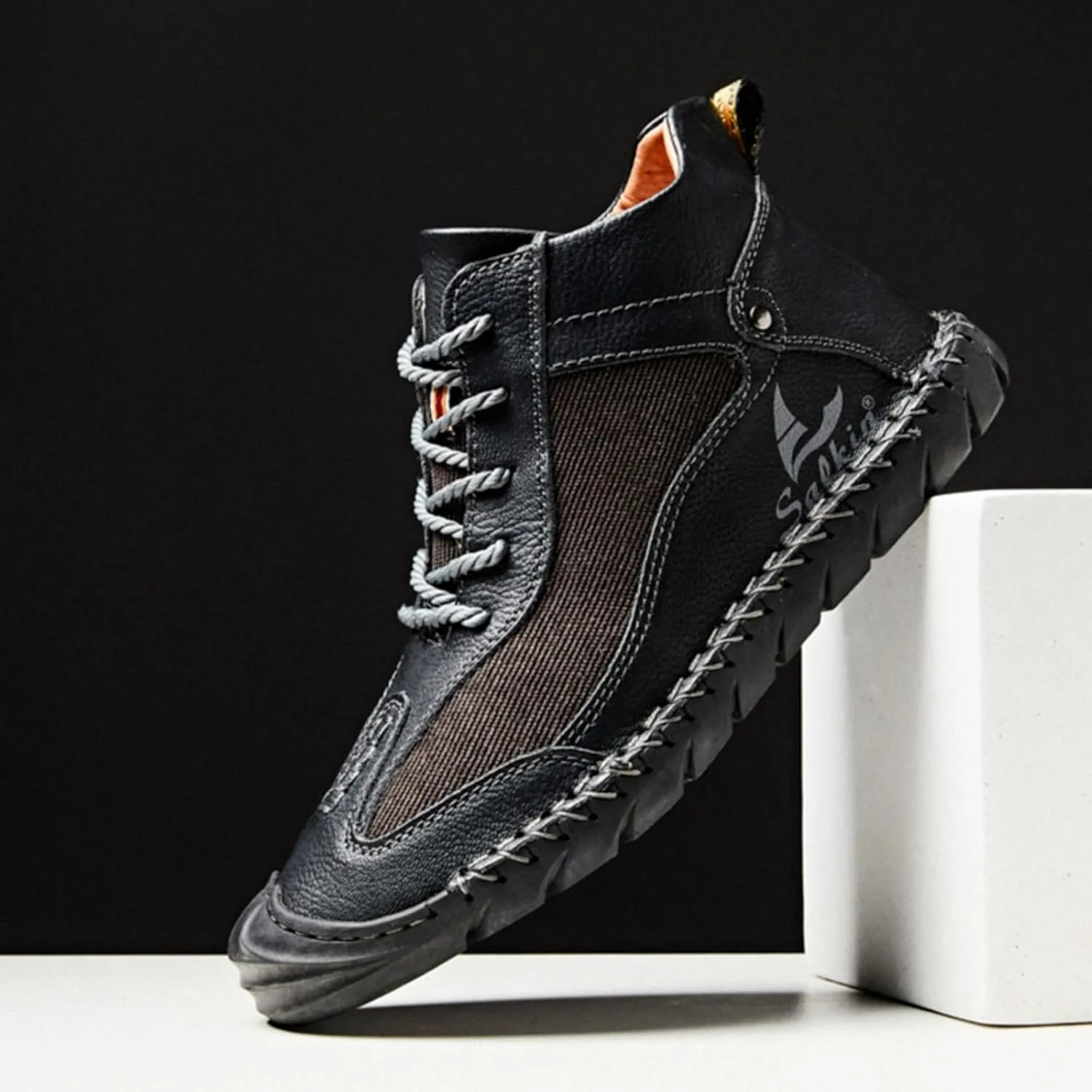 Mens Classic Handmade Leather Lace Up Non Slip Ankle Chukka Boots Casual Lightweight Round Toe High Top Walking Boat Shoes for Driving Daily Hiking