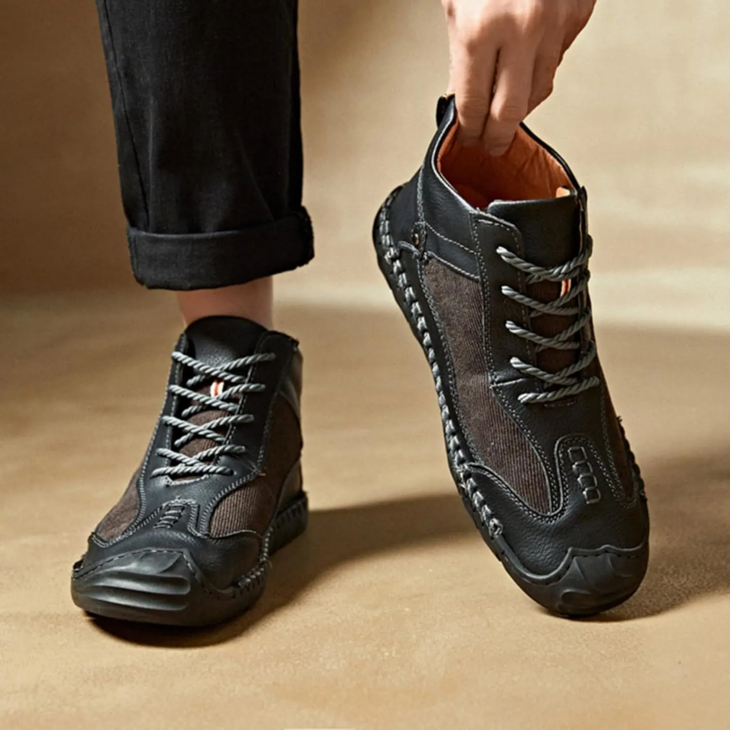 Mens Classic Handmade Leather Lace Up Non Slip Ankle Chukka Boots Casual Lightweight Round Toe High Top Walking Boat Shoes for Driving Daily Hiking