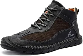 Mens Classic Handmade Leather Lace Up Non Slip Ankle Chukka Boots Casual Lightweight Round Toe High Top Walking Boat Shoes for Driving Daily Hiking