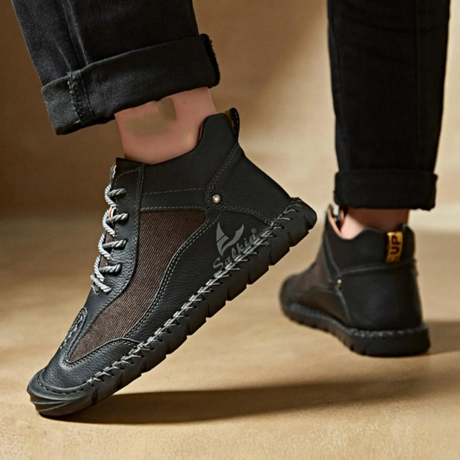 Mens Classic Handmade Leather Lace Up Non Slip Ankle Chukka Boots Casual Lightweight Round Toe High Top Walking Boat Shoes for Driving Daily Hiking
