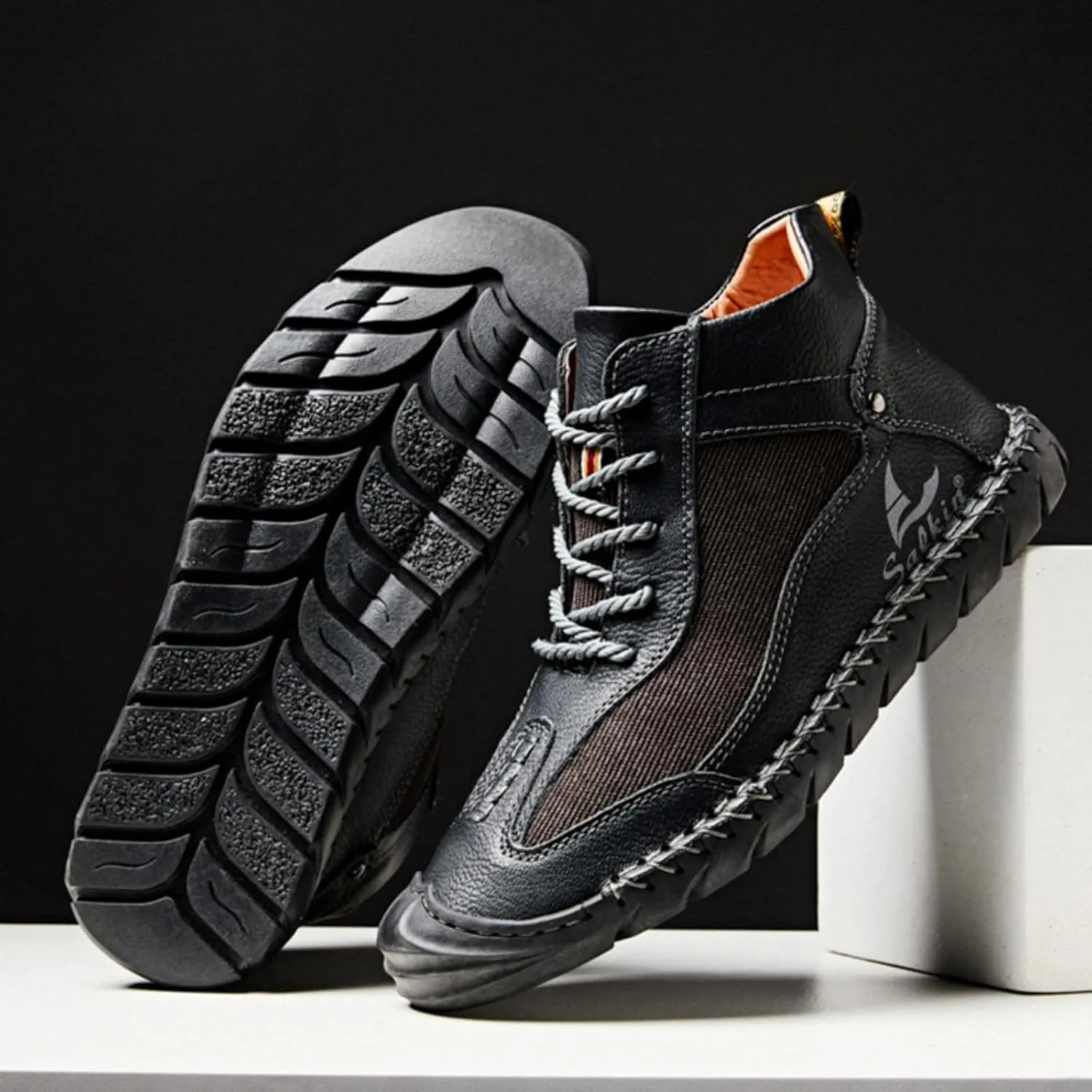 Mens Classic Handmade Leather Lace Up Non Slip Ankle Chukka Boots Casual Lightweight Round Toe High Top Walking Boat Shoes for Driving Daily Hiking