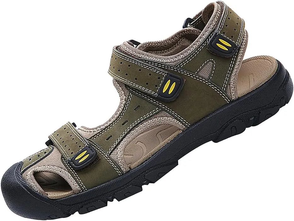 Men's Closed-toe Hook&Loop Leather Outdoor Trekking Sports Sandals Shoes