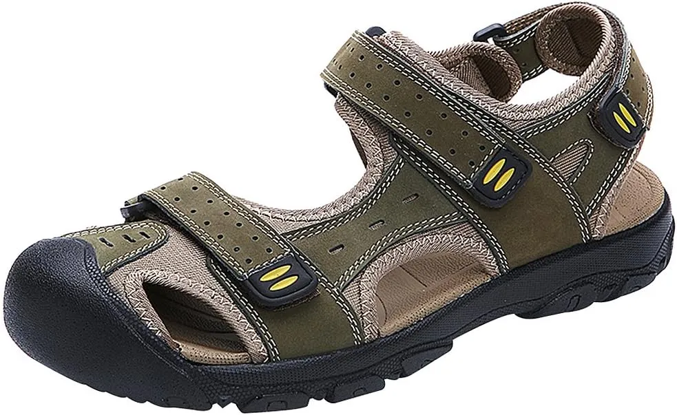 Men's Closed-toe Hook&Loop Leather Outdoor Trekking Sports Sandals Shoes