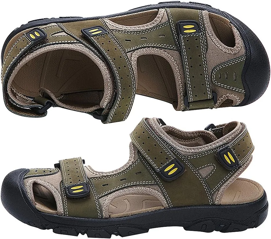 Men's Closed-toe Hook&Loop Leather Outdoor Trekking Sports Sandals Shoes