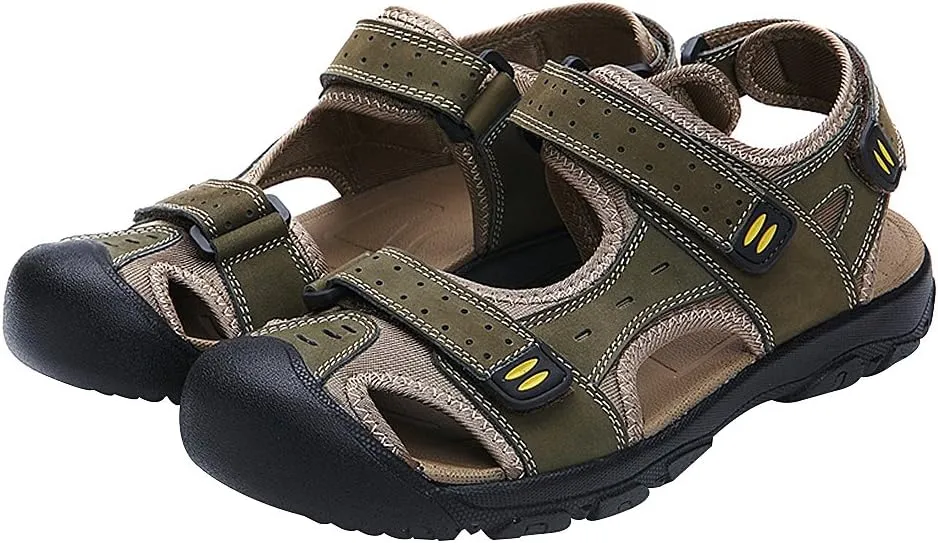 Men's Closed-toe Hook&Loop Leather Outdoor Trekking Sports Sandals Shoes