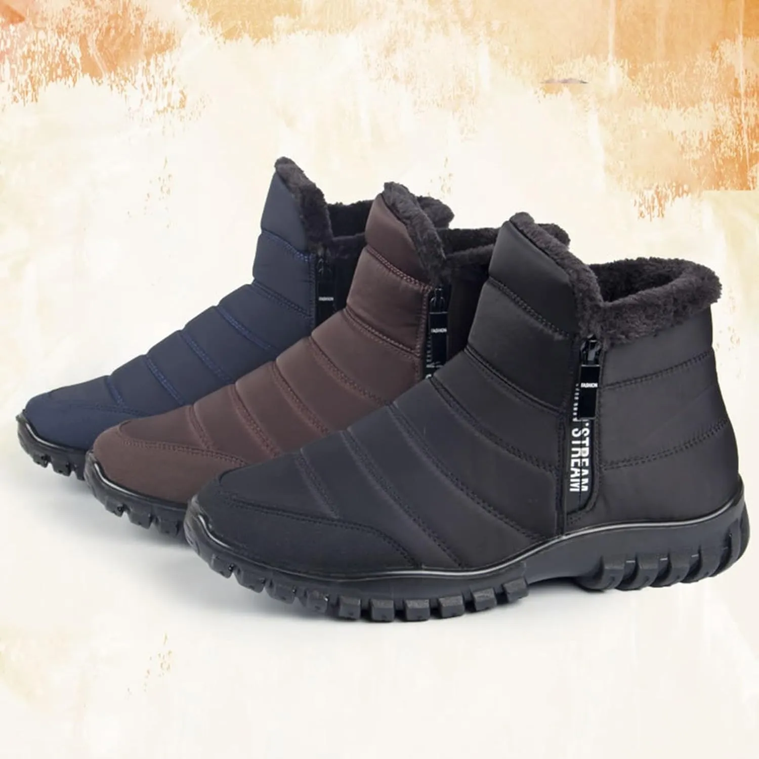 Mens Snow Boots Waterproof Warm Furry Lined Winter Boots Side Zipper Cold-Weather Non-Slip Ankle Boots Comfortable Slip on Hiking Walking Shoes Sneakers