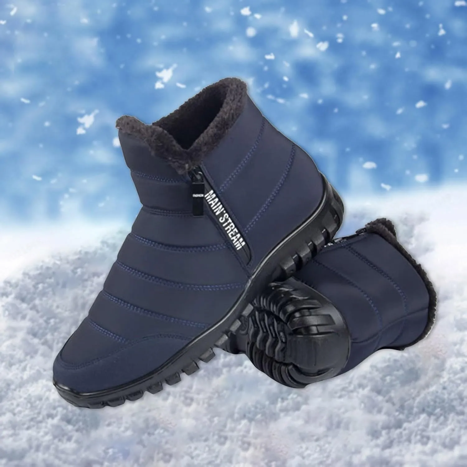 Mens Snow Boots Waterproof Warm Furry Lined Winter Boots Side Zipper Cold-Weather Non-Slip Ankle Boots Comfortable Slip on Hiking Walking Shoes Sneakers