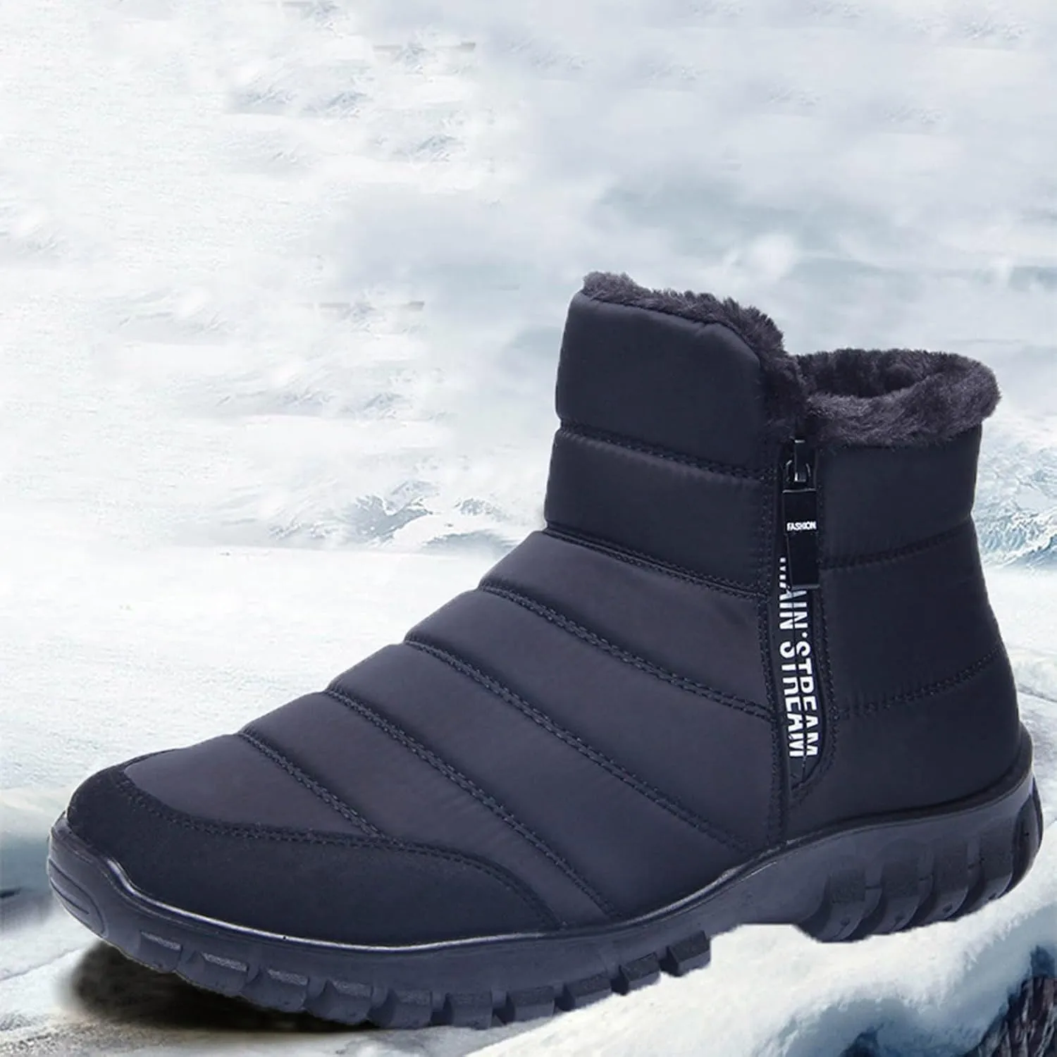Mens Snow Boots Waterproof Warm Furry Lined Winter Boots Side Zipper Cold-Weather Non-Slip Ankle Boots Comfortable Slip on Hiking Walking Shoes Sneakers