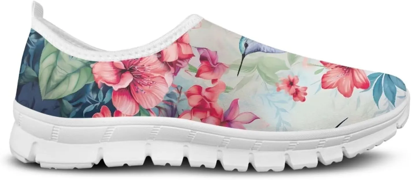 Women's Hummingbird Flower Wide Flats Loafer Leisure Shoes Slip On Lowtop Work Walking Sneaker