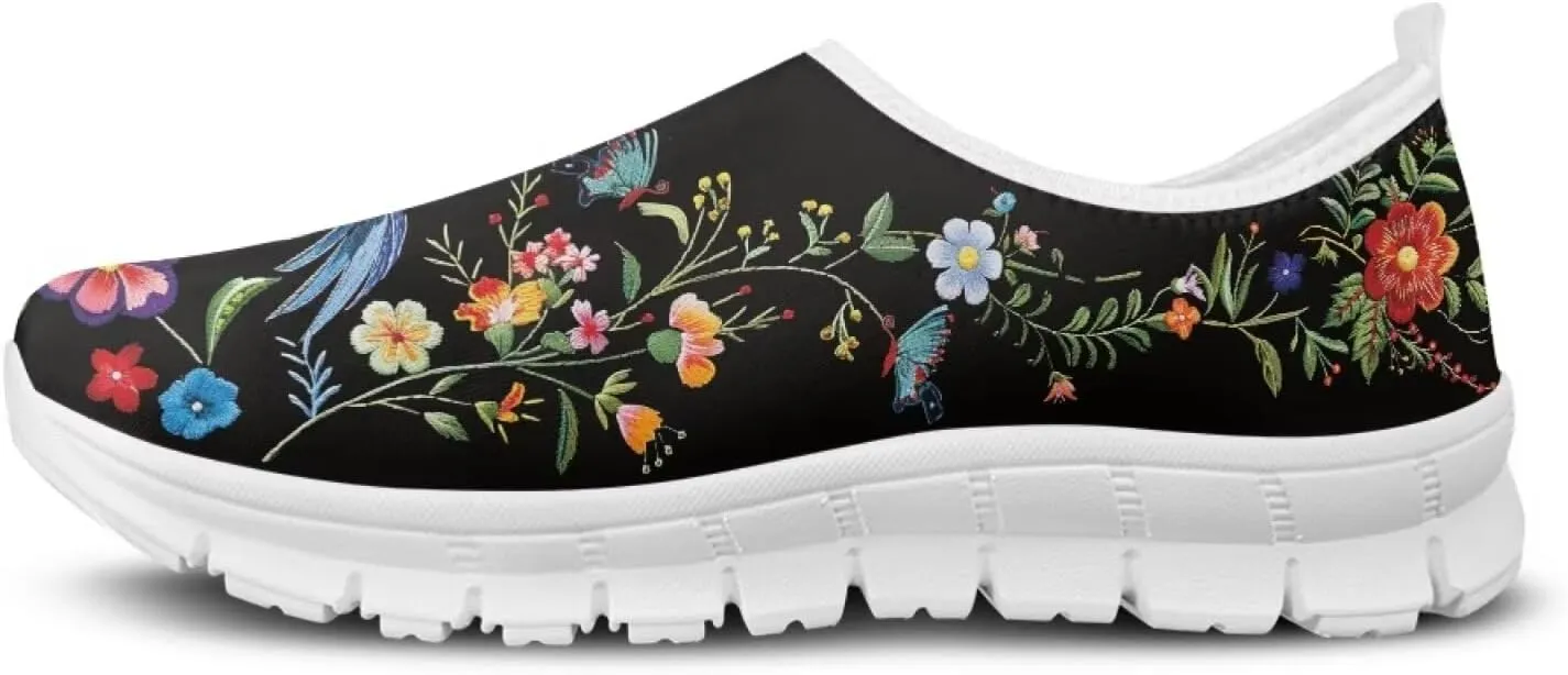 Women's Hummingbird Flower Wide Flats Loafer Leisure Shoes Slip On Lowtop Work Walking Sneaker