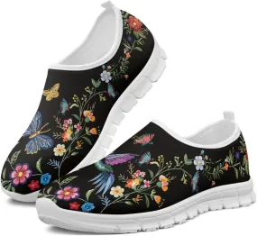 Women's Hummingbird Flower Wide Flats Loafer Leisure Shoes Slip On Lowtop Work Walking Sneaker