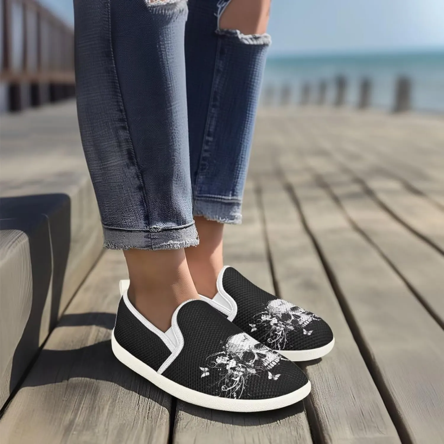 Women's Skull Outdoor Loafer Casual Wedding Shoes Mesh Dress Flat Classic Leisure Work Loafers